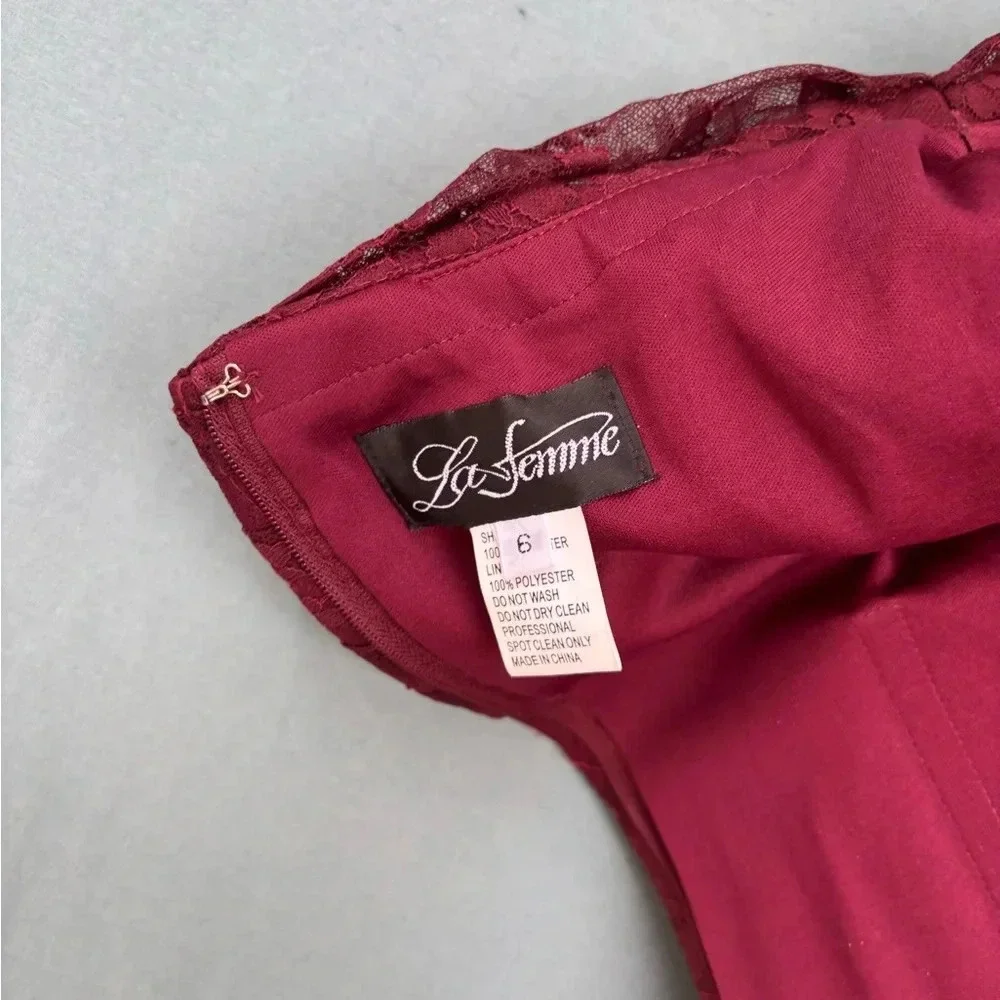 NWT La Femme sz 6 27982 Portrait Neck Lace Gown Burgundy Red Pleat Long Formal - Picture 3 of 9